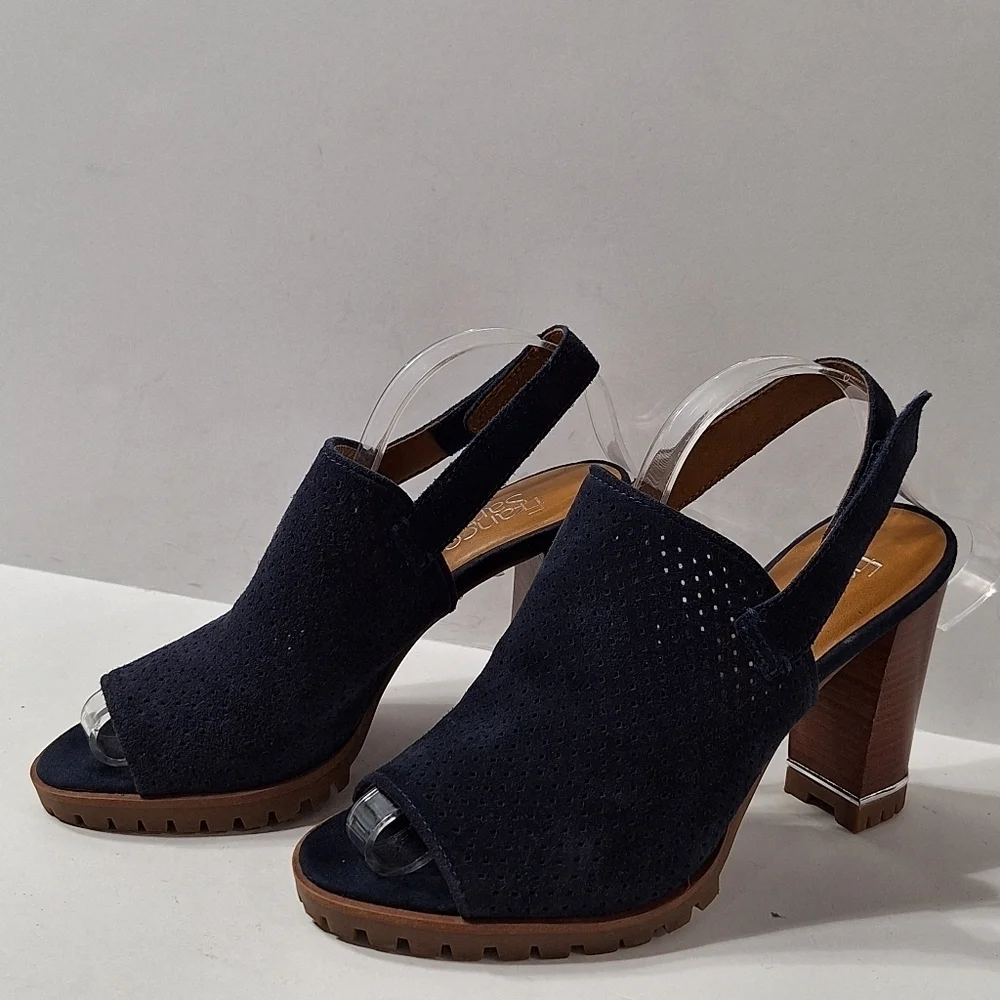 Franco Sarto Navy Blue Suede Austin Boho Slingback Platform Heel Sandals Sz 6.5